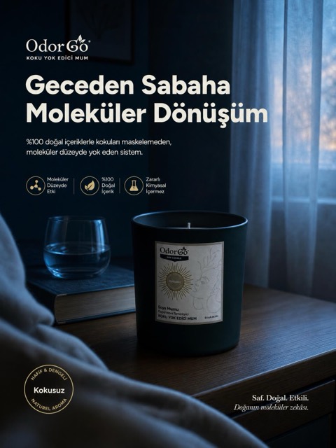 OdorGo soya mumu — gece yatak odası temalı reklam görseli