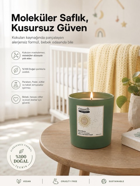 OdorGo soya mumu — bebek odasında güven temalı reklam görseli