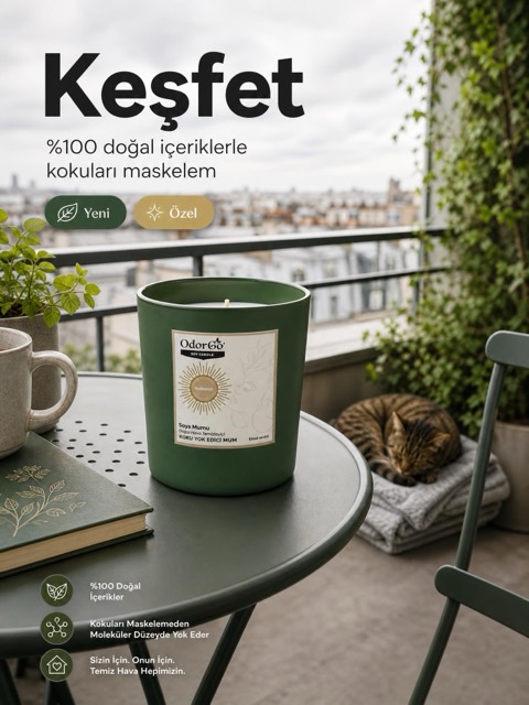 OdorGo soya mumu — balkon keyfi temalı reklam görseli