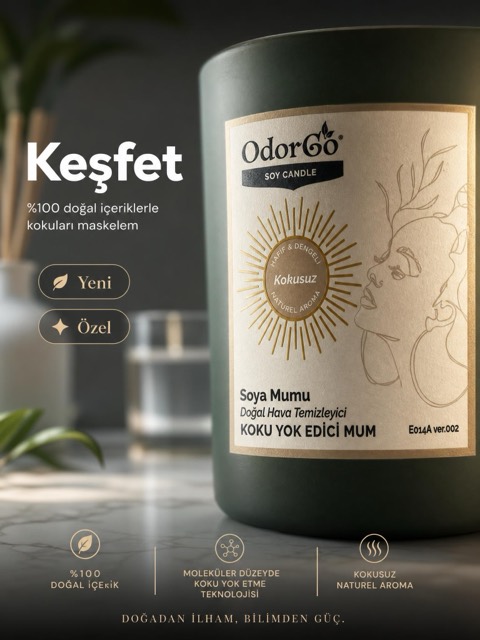 OdorGo soya mumu — etiket yakın plan reklam görseli