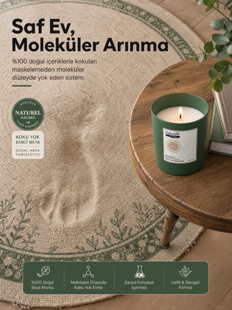 OdorGo soya mumu — yuvarlak jüt halıda yaşam alanı reklam görseli