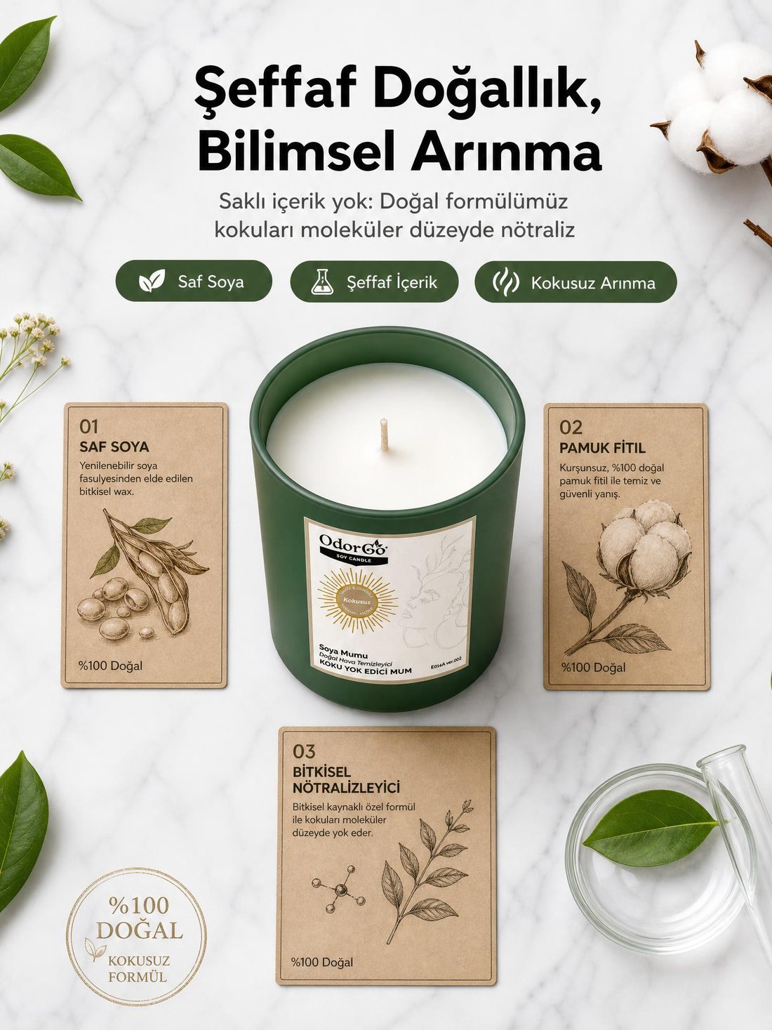 Mermer zeminde içerik kartlarıyla birlikte ürün reklam görseli