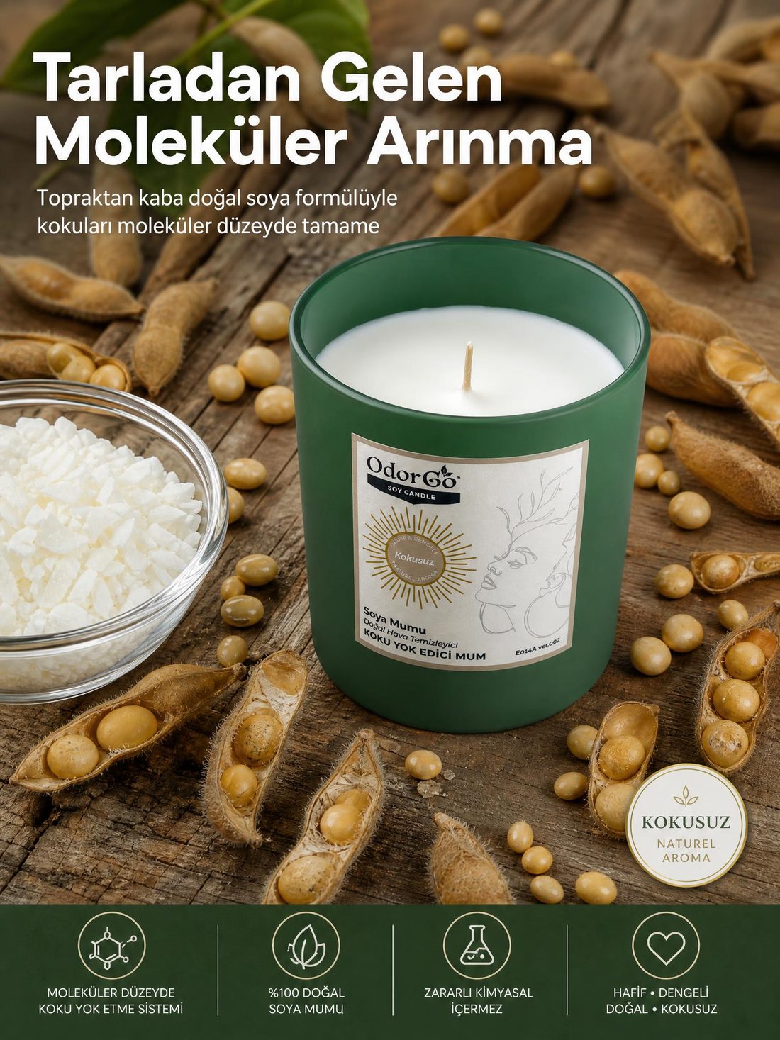 Soya taneleri arasında doğal temalı ürün reklam görseli